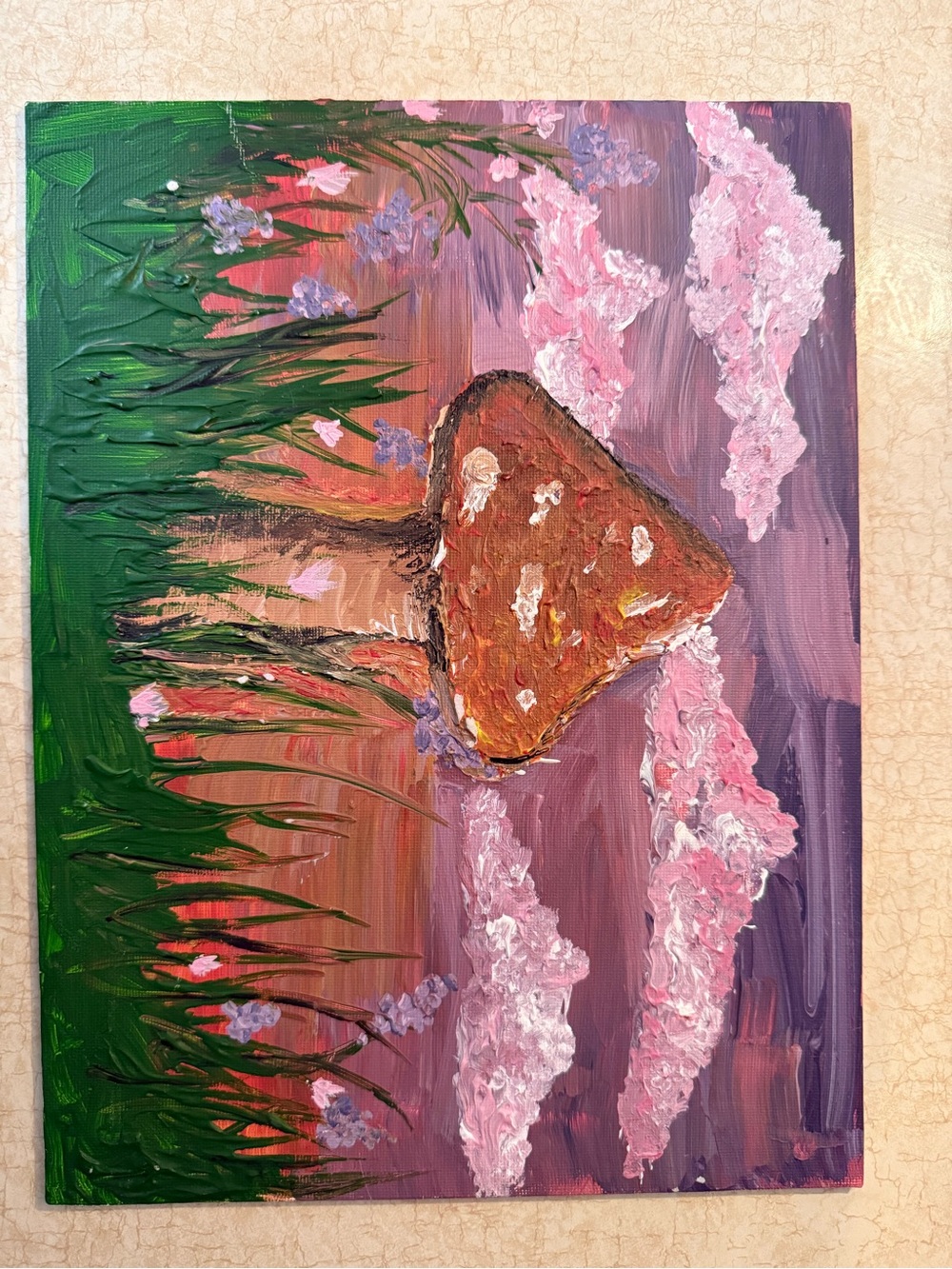 Original Abstract Mushroom Sunset Painting in Pinks, Purples, and Greens